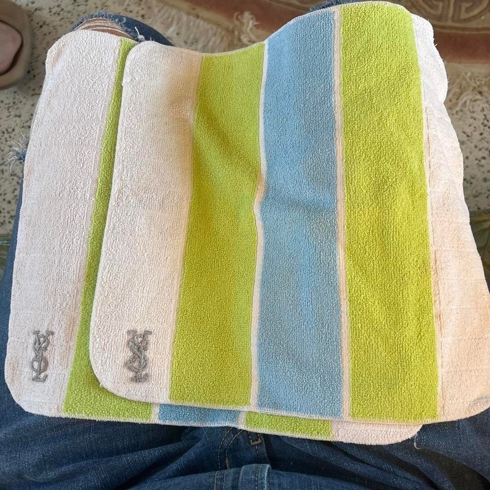 Vintage Yves Saint Laurent YSL Striped Wash Cloths Fieldcrest Green Blue Cream